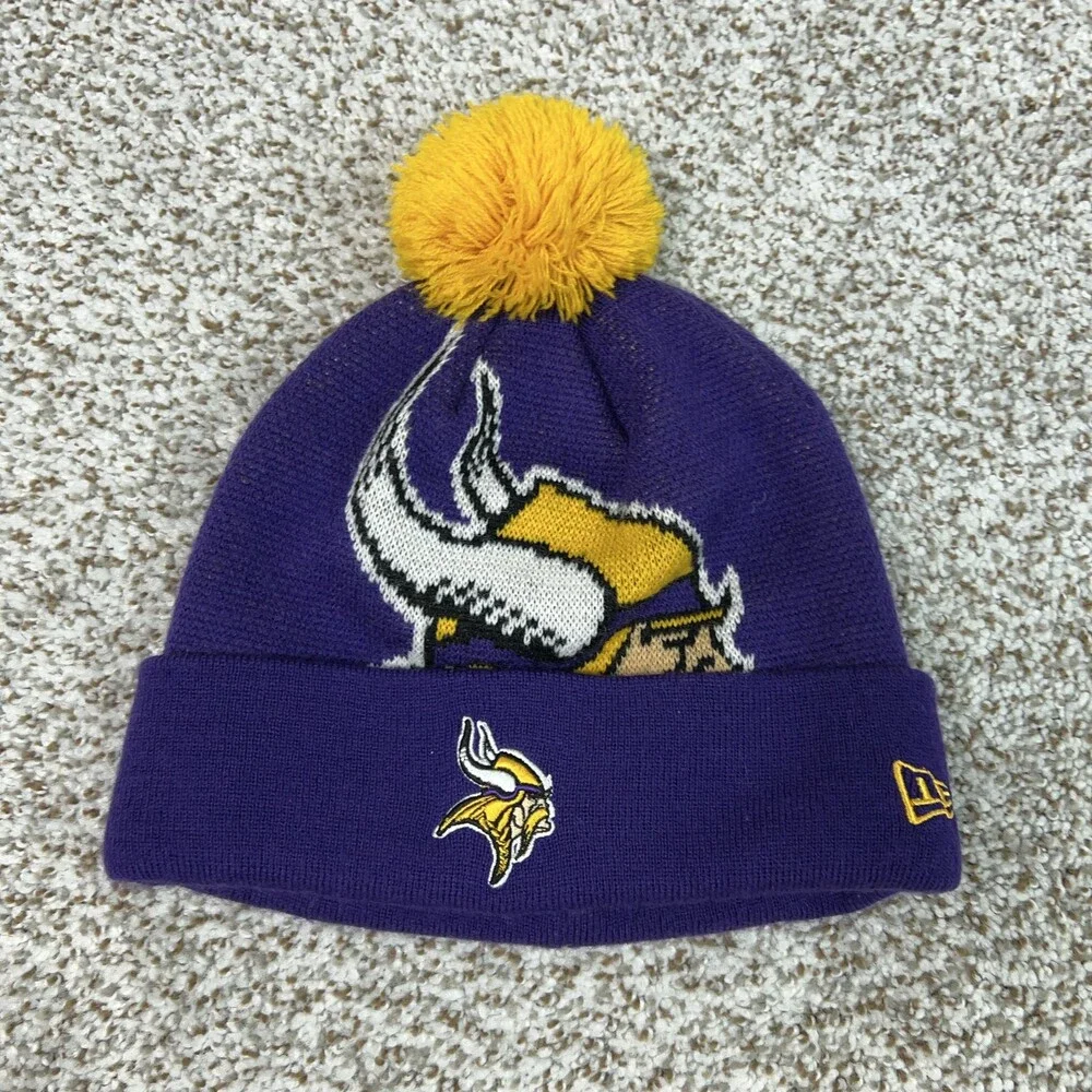 Minnesota Vikings Hat Cap Knit Beanie‎ Pom Mens Purple Gold NFL Football New Era